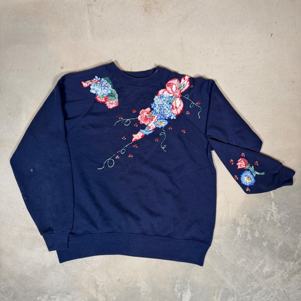 Vintage Hanes Activewear Navy Floral Puff Print Sweatshirt Large 90s Raglan